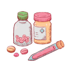 breast cancer medicine elements in cute colorful handdrawn cartoon style, medical objects and pills for breast cancer treatment and healthcare design