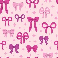 pink bows, ribbon seamless pattern &mdash; decorative handdrawn cartoon ribbons with stars for textile, fashion, Valentines, coquette core and celebration design
