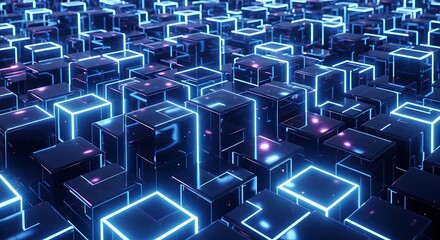 Abstract Futuristic Grid of Glowing Blue Cubes in a Digital Network