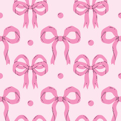 pink bows, ribbon seamless pattern — handdrawn cartoon ribbons with polka dots for textile, fashion, Valentines and celebration design