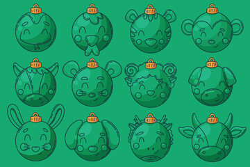 Decorative glass Christmas baubles designed as Chinese zodiac animals in fun cartoon handdrawn style.