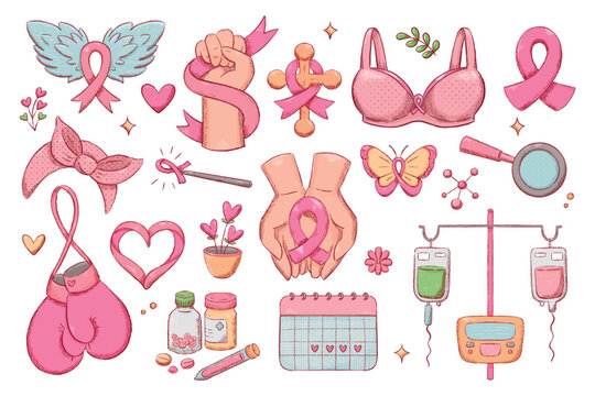 breast cancer awareness elements in cute colorful handdrawn cartoon style, pink medical and symbolic objects collection for breast cancer prevention and healthcare design