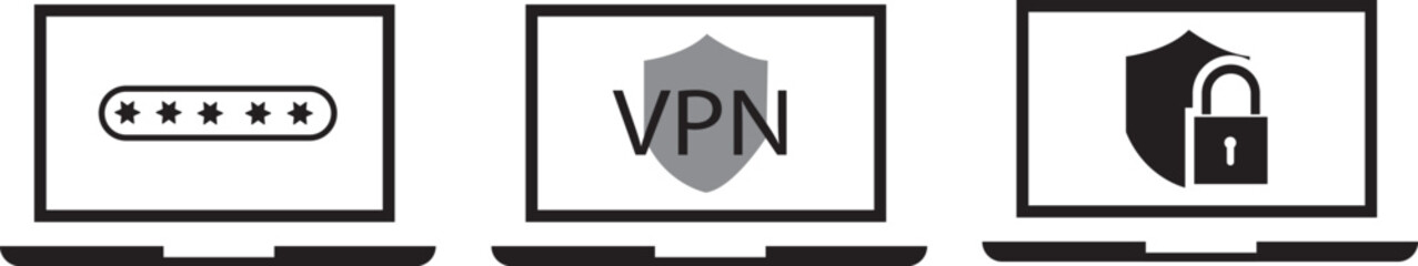 Three laptops displaying icons related to digital security and privacy: password input, VPN shield, and a locked shield.