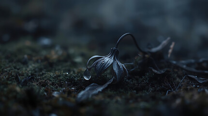 
A solitary, wilting flower, rendered in dark, muted blues and grays, shedding a single, tear-shaped petal onto cold, damp earth.