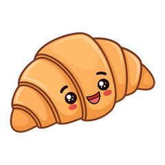 A golden brown croissant emoji-style illustration with curved shape and flaky layers, isolated on a white background,