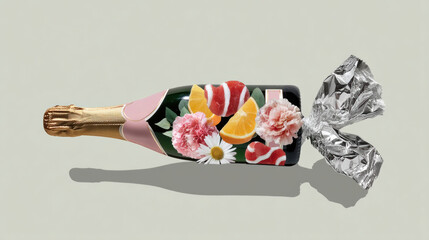 Collage floral bottle with citrus and candy accents in festive wrapping evoking celebration and romantic charm