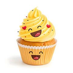 A colorful emoji-style cupcake with swirled frosting on top, in a paper wrapper, isolated on white background