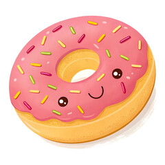 A cute emoji-style doughnut with colorful sprinkles and icing on top, round in shape, isolated on white background