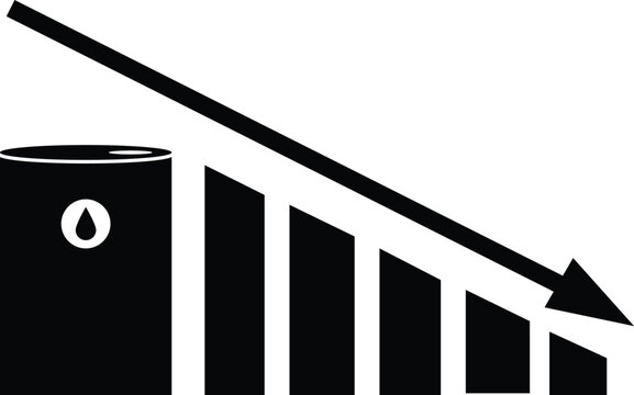 Black and white icon showing an oil barrel next to a declining bar chart with a downward arrow, symbolizing a decrease in oil prices or production.