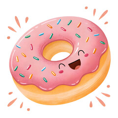A cute emoji-style doughnut with colorful sprinkles and icing on top, round in shape, isolated on white background