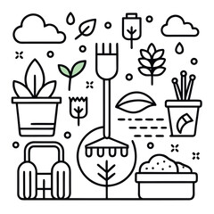 Minimal line art illustration of a garden with plants, trees, soil, and gardening tools, clean and modern eco design style