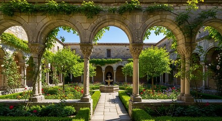 Obraz premium Ancient stone arches frame a lush, green garden with a central fountain, creating a serene and historic atmosphere.