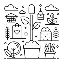 Minimal line art illustration of a garden with plants, trees, soil, and gardening tools, clean and modern eco design style