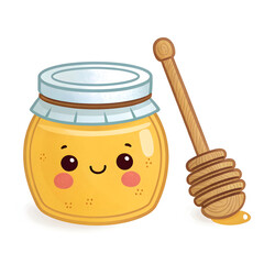 A cute emoji-style honey jar with a wooden dipper, filled with golden honey, isolated on white background, sweet