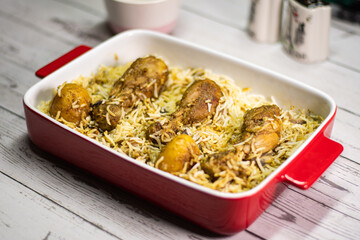 Spicy chicken biryani with basmati rice, indian cuisine