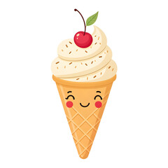 A cute emoji-style ice cream cone with a swirl of soft serve, in a waffle cone, isolated on white background, sweet
