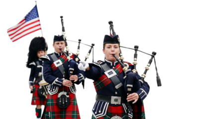 Photo of bagpipe players in traditional scottish kilt and uniform isolated on transparent background