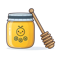 A cute emoji-style honey jar with a wooden dipper, filled with golden honey, isolated on white background, sweet