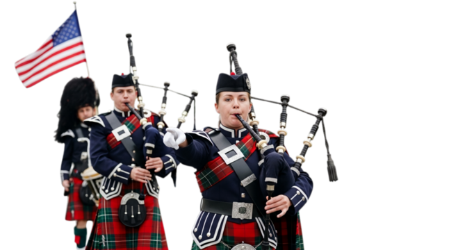 Photo of bagpipe players in traditional scottish kilt and uniform isolated on transparent background