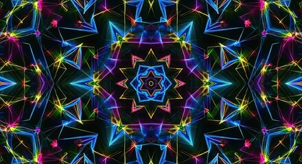 Abstract Kaleidoscopic Pattern with Neon Geometric Shapes and Glowing Lines on Black Background