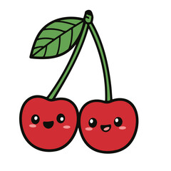Two cute cherries with smiling faces hanging from a stem with a green leaf illustration design
