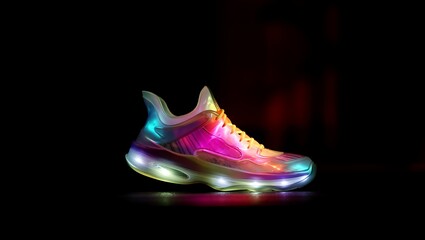 Futuristic athletic sneaker with vibrant glowing led lights in rainbow colors presented against a dark background with subtle reflections symbolizing innovation and modern style