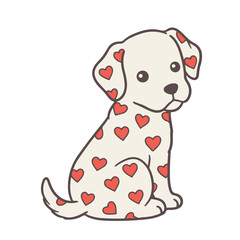 Illustration of a white puppy sitting with red heart spots all over its fur on a white background