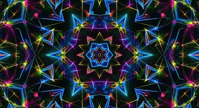 Abstract Kaleidoscopic Pattern with Neon Geometric Shapes and Glowing Lines on Black Background