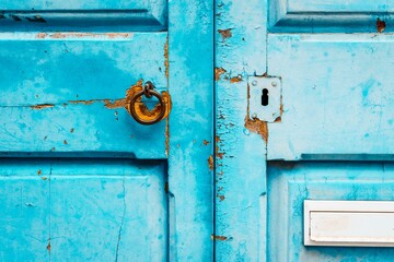 A weathered turquoise door with metal lock.