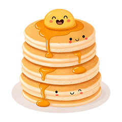 A stack of fluffy pancakes with dripping syrup emoji-style illustration, isolated on white background, delicious