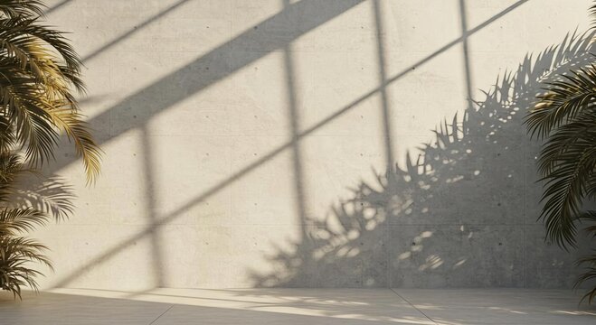 Unbroken Concrete Wall in Greenhouse Dappled with Bold Palm Leaf Shadows