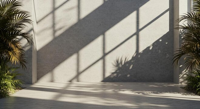 Minimalist Concrete Wall and Dramatic Palm Shadows in a Summer Greenhouse
