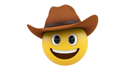 Photo of smiling emoji wearing a cowboy hat isolated on transparent background