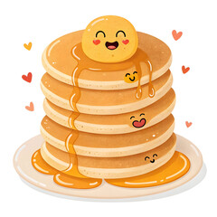 A stack of fluffy pancakes with dripping syrup emoji-style illustration, isolated on white background, delicious