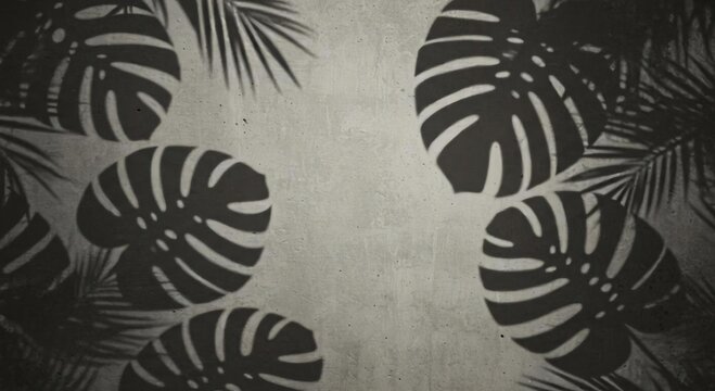 Monstera and Palm Leaf Shadows Dance on Minimalist Concrete Wall