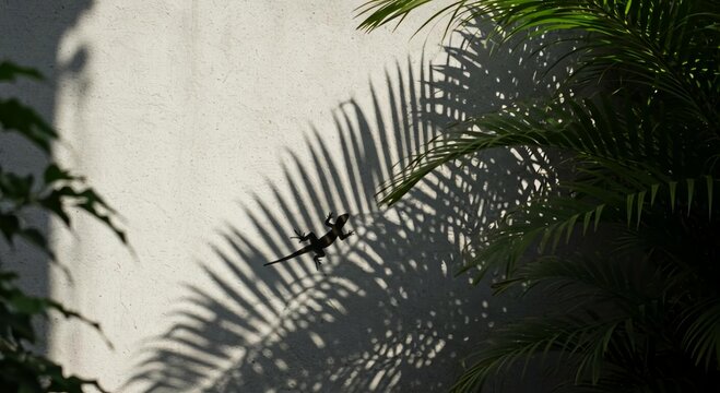 Palm-Shadowed Minimalist Wall with Small Lizard in Lush Tropical Greenhouse