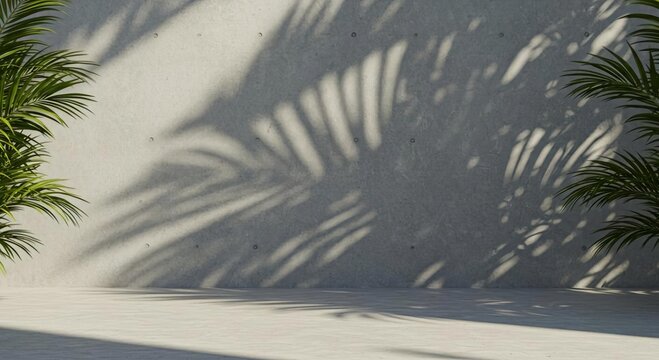 Intricate Palm Shadows and Light Gradients on a Minimalist Concrete Wall