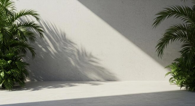 Minimalist Sunlit Concrete Wall Embraced by Greenery and Dramatic Palm Leaf Shadows