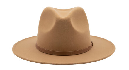 Isolated tan-colored fedora with brown band, a classic fashion accessory for fall and winter