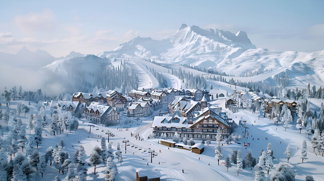 Aerial view of a snowy ski resort village nestled among snow covered mountains and evergreen trees