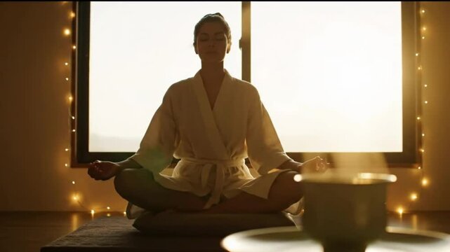Woman Meditating in a Peaceful Setting. A woman in a white robe is meditating in a lotus position on a cushion, with her eyes closed. A cup of steaming tea sits nearby. Sunlight pours through a window