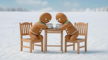 Whimsical christmas setup gingerbread cookie couple sipping hot cocoa small wooden table with wooden chairs snowy landscape sharing cozy joy and hot - Powered by Adobe