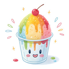 A colorful emoji-style shaved ice dessert in a cup illustration, with syrup topping, isolated on white background