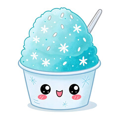 A colorful emoji-style shaved ice dessert in a cup illustration, with syrup topping, isolated on white background