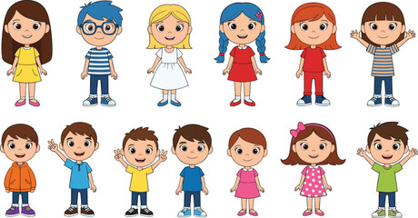 Cartoon children group illustration, diverse kids characters in colorful outfits, vector drawing, educational content, multicultural design, white background, playful learning material