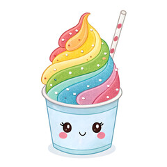 A colorful emoji-style shaved ice dessert in a cup illustration, with syrup topping, isolated on white background