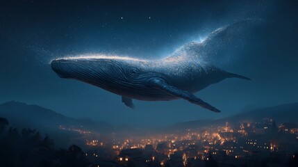 Obraz premium Celestial Whale Gliding Over a Night Village Sky