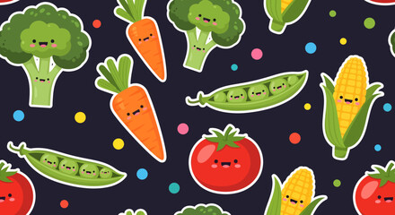 A delightful and colorful pattern featuring cute cartoon vegetables like broccoli, carrots, peas, corn, and tomatoes on a dark background with scattered polka dots.