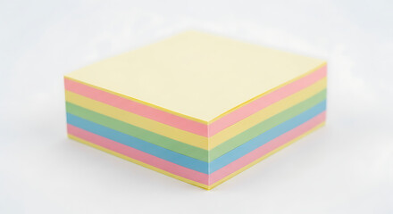 Closeup of a stack of colorful sticky notes, showcasing the pastel hues of yellow, pink, green, and blue, isolated on white background