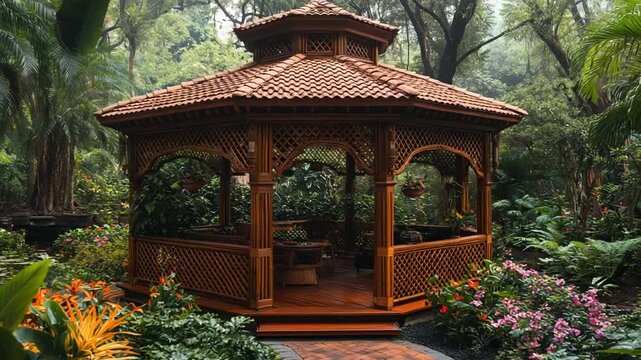 Beautiful wooden gazebo in a lush green garden setting.